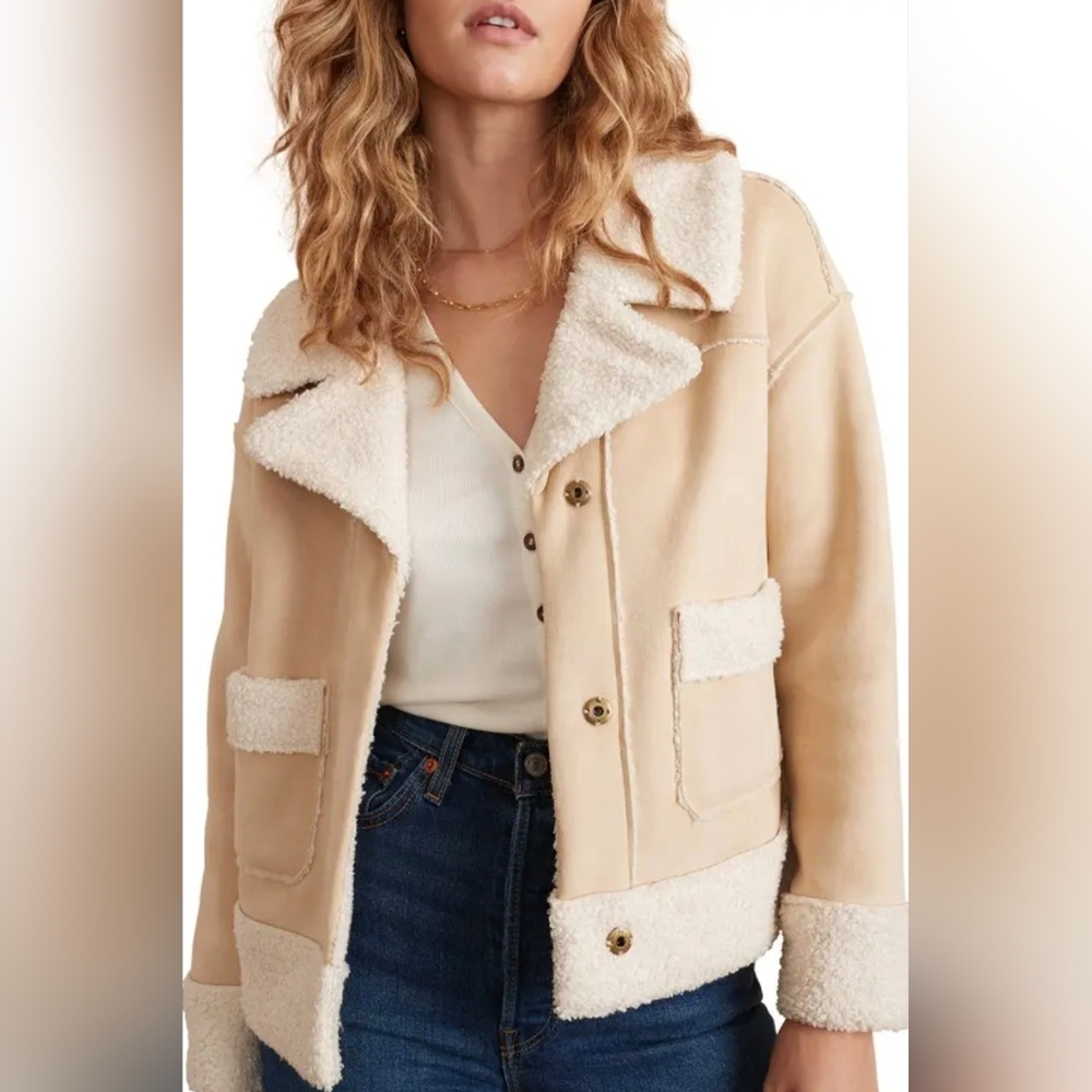 Marine Layer Quebec Sherpa Jacket Faux Suede Neutral Women's Size xs - Picture 4 of 16